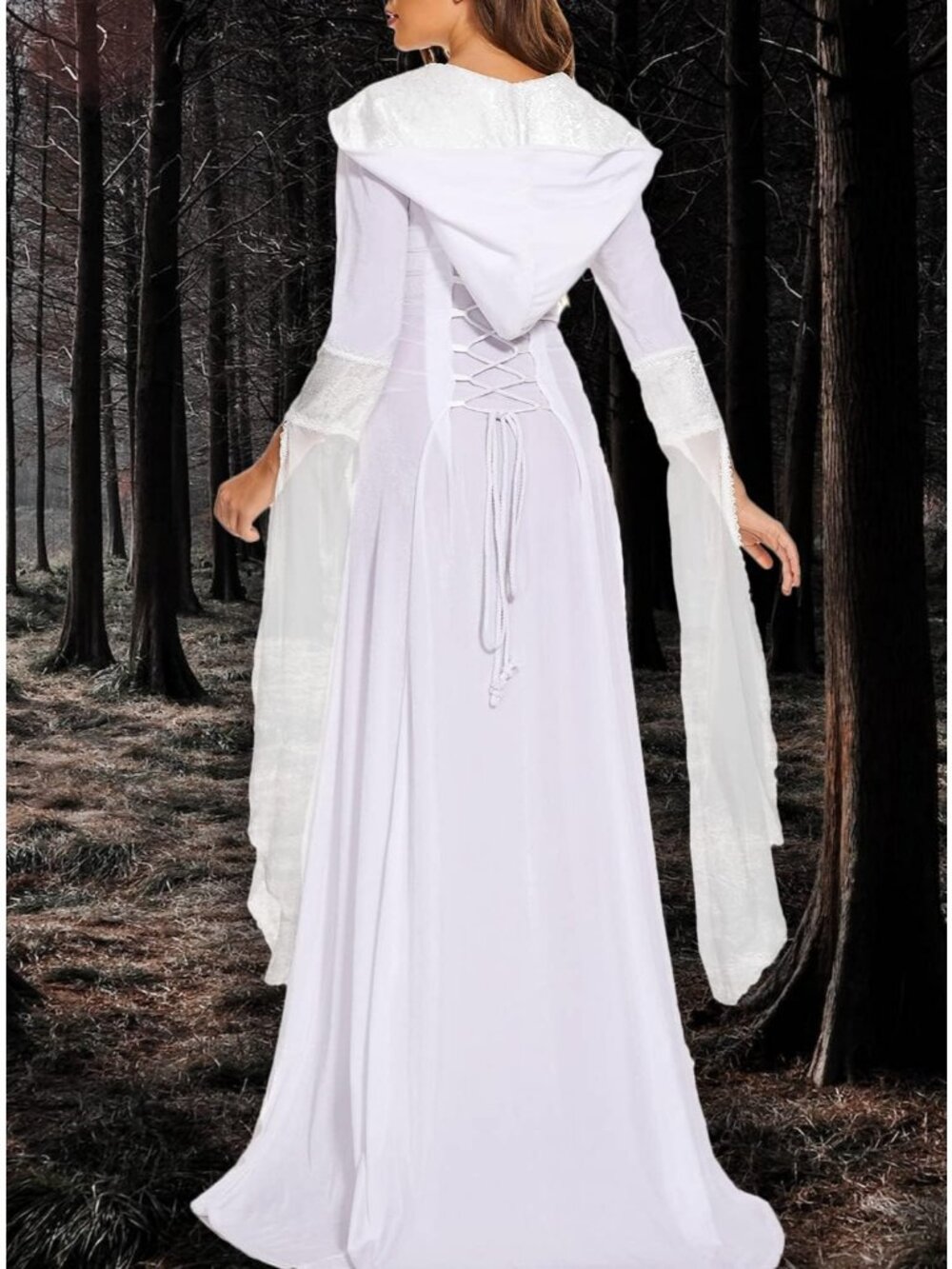Women's White Vintage Embroidered Gown Halloween Medieval Deluxe Witch Hooded - Picture 6 of 7